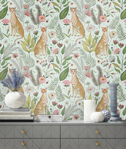 Floralplus Wallpaper Peel and Stick Jungle Leopard Wallpaper - color: Mint Green, size: 17.5" x 118"