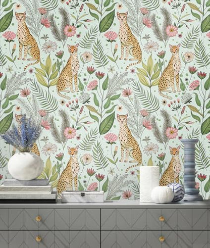 Floralplus Wallpaper Peel and Stick Jungle Leopard Wallpaper - color: Mint Green, size: 17.5" x 118"