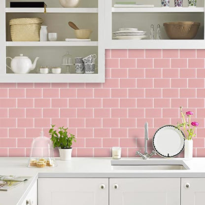 Alwayspon 10 Sheets 3D Thickened Peel and Stick Vinyl Backsplash Tiles, 12"x6" Self-Adhesive Wallpaper Wall Tile Stickers Stick on Subway Tiles for Kitchen Bathroom, Pink 061 - color: T80061S
