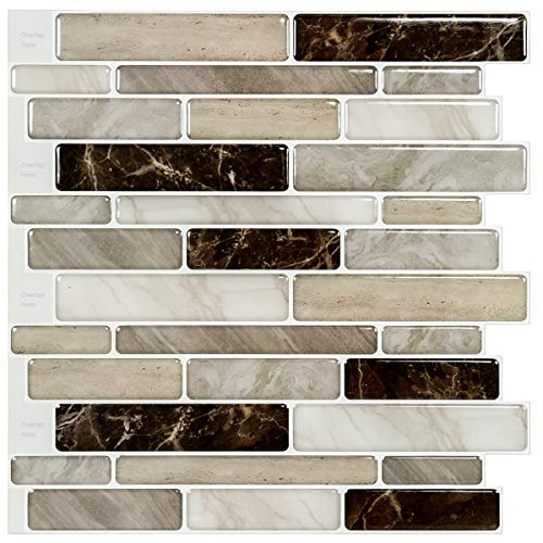 LONGKING Self-Adhesive Kitchen Backsplash, Marble Look Decorative Tiles (10 Tiles) (Light Brown) - color: Light Brown