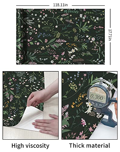 JiffDiff Dark Green Botanical Floral Peel and Stick Wallpaper, 17.3" x 118" - color: Dark Green, size: 17.3" x 118"