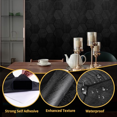 Self Adhesive Black Peel and Stick Wallpaper 15.7" X 591" 3D Hexagon - color: Black, size: 15.7" x 591"