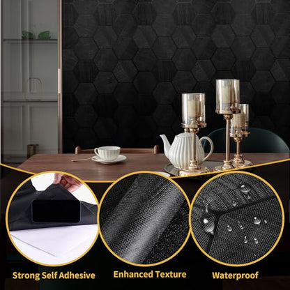 Self Adhesive Black Peel and Stick Wallpaper 15.7" X 591" 3D Hexagon - color: Black, size: 15.7" x 591"