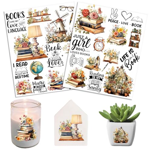 2 Sheets Rub on Transfers for Crafts, Book Lovers Furniture Transfers for Wood, Glass, Plastic & Ceramics, Decorative Decals - style: Book Lovers