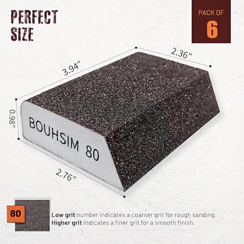 6 Pack 80 grit Sanding Sponges,Washable and Reusable Handmade Sandpaper Block，Sanding Blocks for Wood, Drywall Sanding Block, Metal&Drywall Sanding,Sandpaper Blocks Pads - size: 6 Pack 80 grit