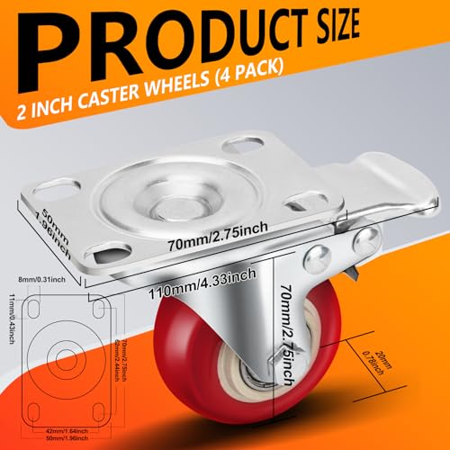 2" Orange Caster Wheel Set of 4, Swivel Plate Casters with Brake - color: Red, size: 2 IN