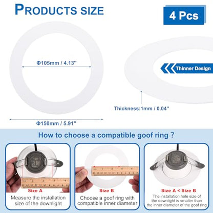 PATIKIL Goof Rings Inner Diameter 4.13", Outer Diameter 5.91", 4 Pcs Metal Goof Rings Cover Recessed Light Trim for Ceiling Wall Fixtures Can Lighting Down Light LED, Matte Finish White - color: White, size: 5.91" OD x 4.13" ID