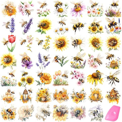 48 Sheets Rub on Transfers for Crafts and Furniture Rub on Transfer Stickers Decals for Wood,2.5 * 2.5inch (Bees and Flowers) - style: Bees and Flowers