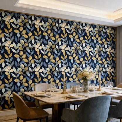Black and Gold Leaf Peel and Stick Wallpaper 17.7" x 212.6" - color: Blue/gold/Black, size: 17.7" x 212.6"