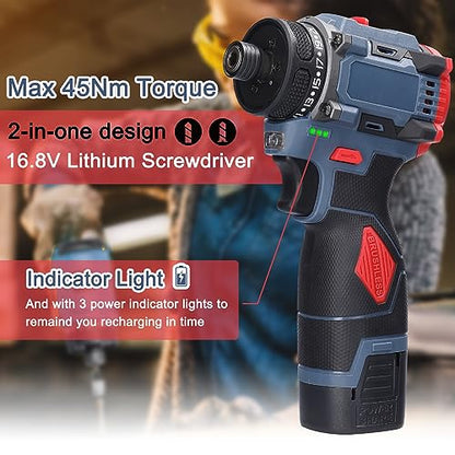 Dioche Electric Screwdriver 16.8V Multi Function Brushless Cordless Impact Screwdriver (2pcs Batteries US Plug)