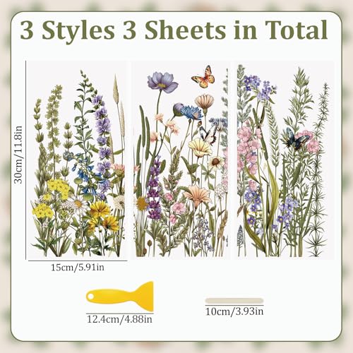 WANDIC 3 Sheets Rub On Transfer Stickers, Wild Flowers and Plants Pattern Waterproof Decals Furniture Craft Embellishments for DIY Scrapbooking Photo Albums,15 * 30cm - color: Wild Flower