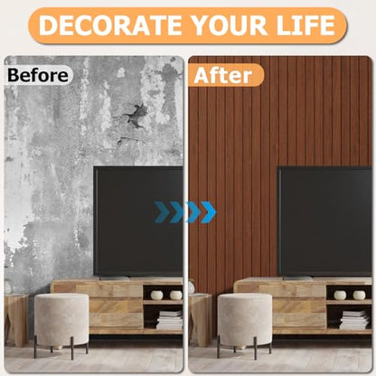 Arthome Peel and Stick Slat Wall Panels 15.7 "x120,Self-Adhesive PVC Wood Grain Wallpaper Panel,3D Thick Faux Soundproof Backsplash Accent Wall Tile for Walls & Furniture (Walnut Coverage 13 Sq.ft) - color: Walnut, size: 15.7" x 120"