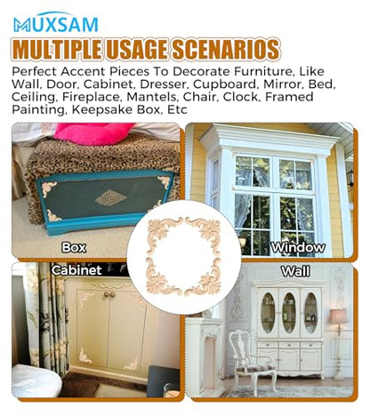 4Pcs Wood Carved Onlay Appliques, Unpainted Wooden Corner Carving Decals - size: 3.94 x 3.94 inches
