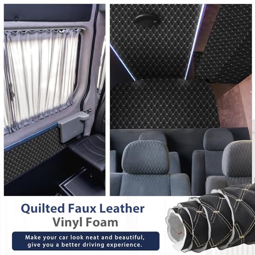 SmoothNovelty 5.5 Yards Diamond Quilted Vinyl Headliner Material 55 in Wide Faux Leather with Foam Backed 2" x 3" Diamonds Pattern Fabric for Car Furniture Upholstery(Black, Yellow Thread) - color: Black, Yellow Thread, size: 5.4 Yards