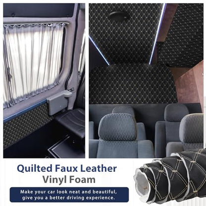 SmoothNovelty 5.5 Yards Diamond Quilted Vinyl Headliner Material 55 in Wide Faux Leather with Foam Backed 2" x 3" Diamonds Pattern Fabric for Car Furniture Upholstery(Black, Yellow Thread) - color: Black, Yellow Thread, size: 5.4 Yards