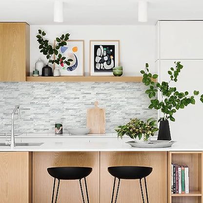 STICKGOO Peel and Stick Backsplash Tile, Volakas White with Silver Metal - color: Volakas White + Metal Silver