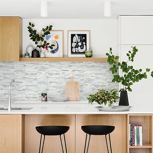 STICKGOO Peel and Stick Backsplash Tile, Volakas White with Silver Metal - color: Volakas White + Metal Silver