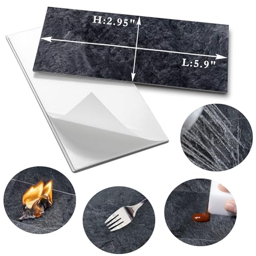 AULIGET 100 Piece Black Slate Peel and Stick Backsplash Wall Tiles, 3" x 6" PVC Faux Stone Stick on Tiles for Backsplash Kitchen, Bathroom, Laundry Room, Camper, Fireplace - color: Black Slate