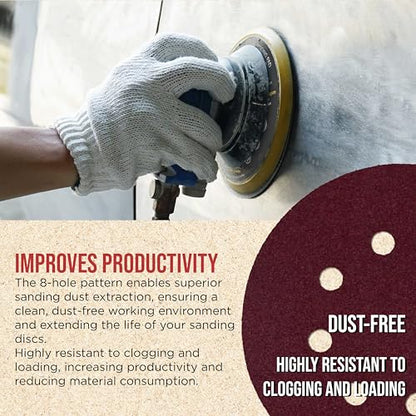 ProductionShop Premium 5" Red 8-Hole Pattern 150 Grit Sanding Discs, Box of 50 - Dustless Hook & Loop Backing Sandpaper for Random Orbital Sanders, Medium-Fine-Cut Abrasive - Woodworking, Auto Paint - style: 150 Grit