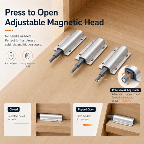 2-Pcs Magnetic Push-to-Open Cabinet Latches, Silver - color: Silver-2pcs