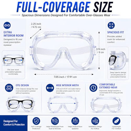 Safety Goggles Over Glasses, Anti Fog Protective Eyewear for Chemistry Lab, Woodworking, Mowing, Construction - color: 2 Pack