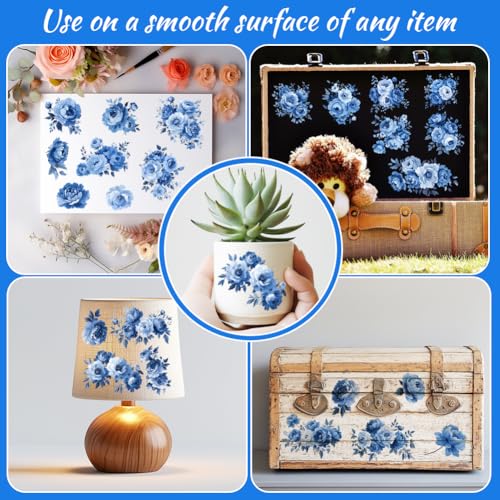 12 Sheets Blue Floral Rub on Transfers for Crafts Blue Rose Clings Window Stickers for Glass Scrapbooking Journals Planners for Home Office Decor - style: Peonies in Blue