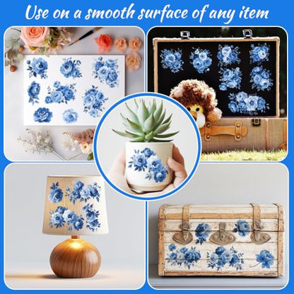 12 Sheets Blue Floral Rub on Transfers for Crafts Blue Rose Clings Window Stickers for Glass Scrapbooking Journals Planners for Home Office Decor - style: Peonies in Blue