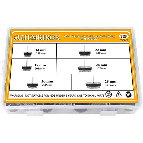 110PCS Furniture Pad Nails, Black Nail-on Slider Glide Felt Pads with Storage Box for Furniture Chair, Stools and Table Leg Feet, 6 Sizes - 14mm/ 17mm / 20mm / 22mm / 24mm / 28mm