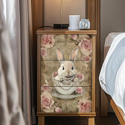 Peacoblue Teacup Bunny Rub On Transfers for Furniture 6"x12" - style: Vintage Teacup Bunny and Roses