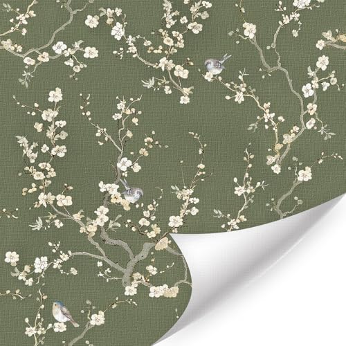 HLNIUC White Flower Bird Wallpaper 17”x118”Plum Blossom and Branches Contact Paper,Chinese Flower Bird Art Paper,Botanical Floral Wallpapers,Green Vintage Floral Wall Papers for Nursery Bedroom - color: Flower