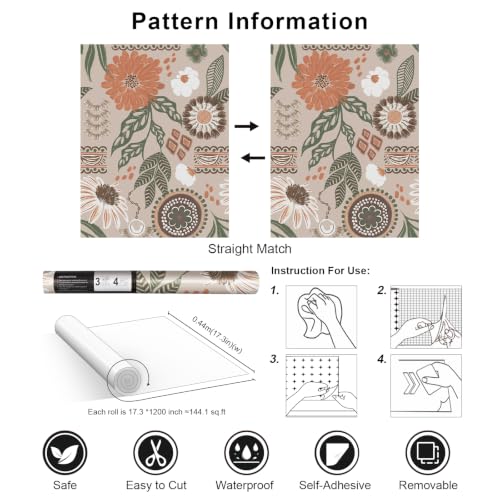 Simon&Siff Boho Sun Floral Retro Peel and Stick Wallpaper 17.3" x 1200" - color: Gray, size: 17.3" x 1200"