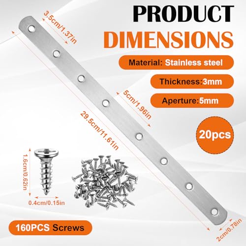 20 Pcs 12" Stainless Steel Flat Mending Plate Stainless Steel Straight Braces Metal Joining Repair Brackets for Wood with 160 Screws
