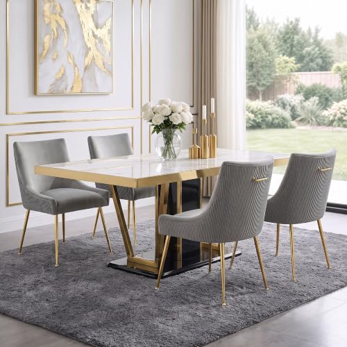 WUTUTUEE Velvet Dining Chairs Set of 4 Gold Legs,Upholstered Velvet Accent Chairs, Pleated Back Design & Gold Pull Handle, Mid Century Modern Chairs for Dining/Kitchen/Living Room,Light Grey
