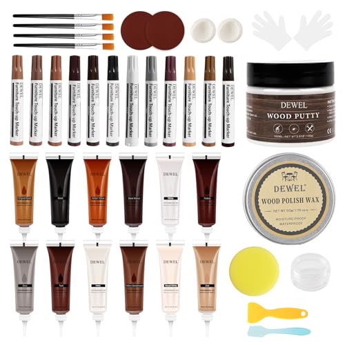 DEWEL Wood Furniture Repair Kit 40 Pcs, 12 Colors Wood Filler and Touch Up Markers, Wooden Putty and Polish Wax, Repair Scratch, Cracks, Hole, Stains for Hardwood Floor, Table, Laminate, Cabinet - color: 12 Fillers+12 Markers+putty+wax