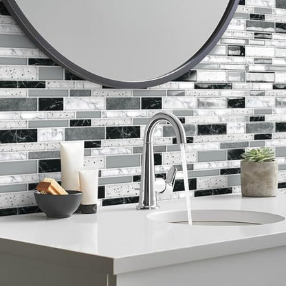 DEWOO Peel and Stick Kitchen Backsplash Tile 3D Self Adhesive Wall 10 Sheet - color: Black