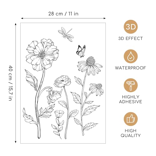 Joeyan Rub On Transfers for Crafts and Furniture, 2 Sheets Large Black White Line Floral Butterfly Rub on Stickers DIY Transfer Decals for Wood Glass Metal Canvas Porcelain Plastic Home Decor - style: Black White Line Floral