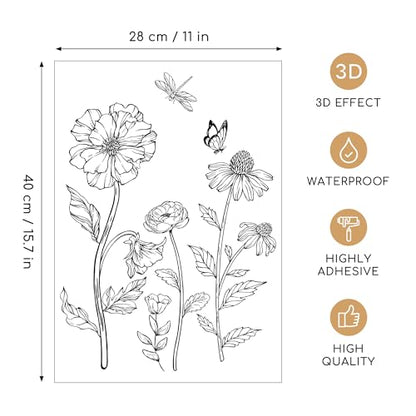 Joeyan Rub On Transfers for Crafts and Furniture, 2 Sheets Large Black White Line Floral Butterfly Rub on Stickers DIY Transfer Decals for Wood Glass Metal Canvas Porcelain Plastic Home Decor - style: Black White Line Floral