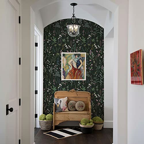 JiffDiff Dark Green Botanical Floral Peel and Stick Wallpaper, 17.3" x 118" - color: Dark Green, size: 17.3" x 118"