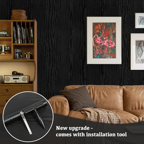 Abyssaly Black Wood Grain Contact Paper Peel and Stick Wallpaper Vinyl Wrap - color: Black, size: 17.7" x 118"
