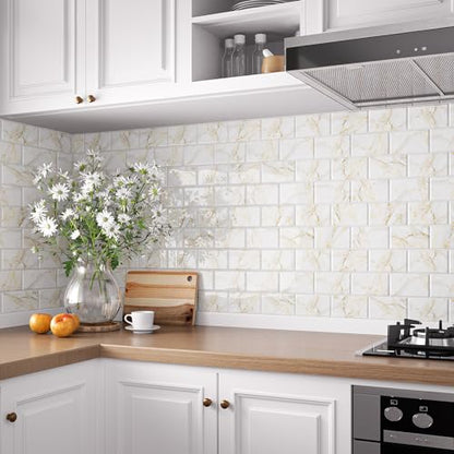 VEELIKE Peel and Stick Backsplash Tile White Gold Marble Subway Peel and Stick Tile for Kitchen Bathroom 12" x 12" Waterproof Renter Friendly Sticky Back Splash Wall Tiles - size: Box of 12 Tiles