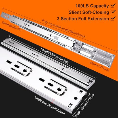 14 inch Drawer Slides 6 Pairs (12pcs) Soft Self Close 3 fold Full Extension Ball Bearing Cabinet Drawer Glides Side Mount for Dresser, Cabinet, Kitchen 100 LB Capacity 14" Silver - size: 14inch-350mm