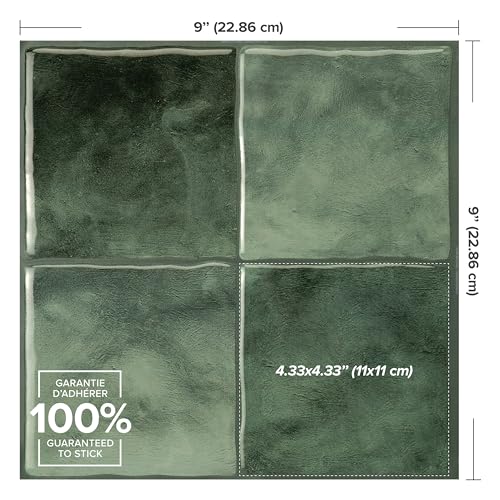 Smart Tiles Peel and stick backsplash, Zellige Moss Green, 9"x9" - color: Moss Green