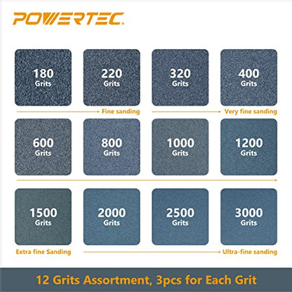 POWERTEC 471000 Wet Dry Sandpaper Assortment | 9” x 3.6” Sheets | 180 – 3000 Assorted Grit Sand Paper for Wood and Auto Finishing - (36 Pack) - style: 36PK - 12 Assorted Grits
