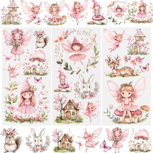 WANDIC 3 Sheets Rub On Transfer Stickers, Pink Elf Fairy Waterproof Decals Furniture Craft Decorative, Junk Journals for DIY Scrapbooking, 15 * 30cm - color: Pink Elf Style