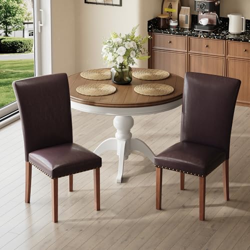 COLAMY Upholstered Parsons Dining Chairs Set of 4, PU Leather Dining Room Kitchen Side Chair with Nailhead Trim and Wood Legs - Dark Brown - color: L-darkbrown, size: Set of 4