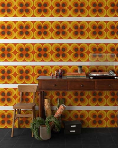 壁紙屋本舗 Retro 70s Groovy Peel and Stick Wallpaper Removable Orange 9in×19.7ft - color: Orange