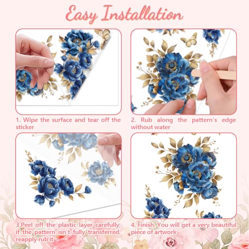 Peacoblue Blue and Gold Peonies Rub On Transfers for Furniture 6"x12" - style: Blue and Gold Peonies Flowers