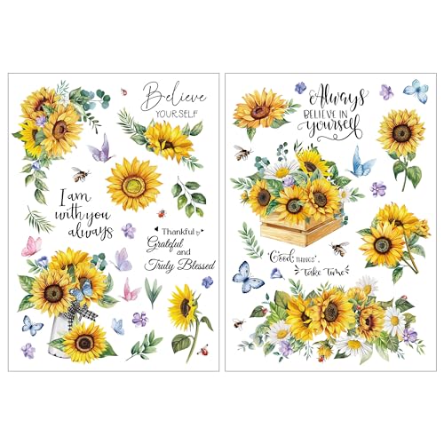 Joeyan Rub On Transfers for Crafts and Furniture, 2 Sheets Large Sunflower Butterfly Rub on Stickers DIY Transfer Decals for Wood Glass Metal Canvas Porcelain Plastic Home Decorations, 11" x16" - style: Sunflower Butterfly