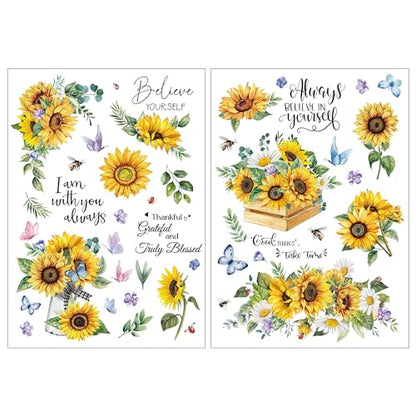 Joeyan Rub On Transfers for Crafts and Furniture, 2 Sheets Large Sunflower Butterfly Rub on Stickers DIY Transfer Decals for Wood Glass Metal Canvas Porcelain Plastic Home Decorations, 11" x16" - style: Sunflower Butterfly