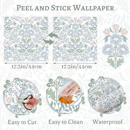 PeonyQueen Floral Peel and Stick Wallpaper 17.3"x197" Boho Contact Paper - size: 17.3" x 197"